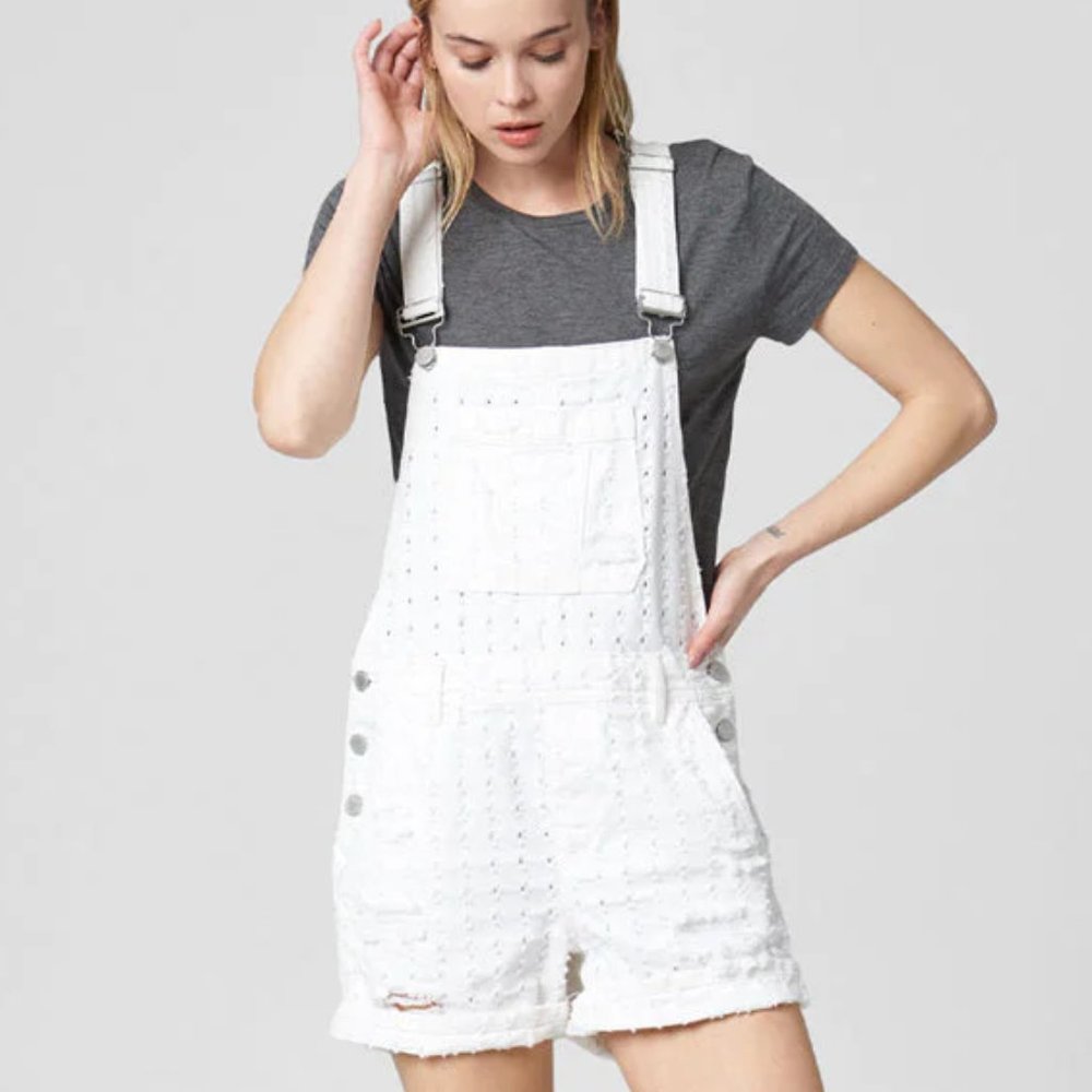 Blank NYC Eyelet Distressed Overall White Denim Eyes on you Shortall Shorts